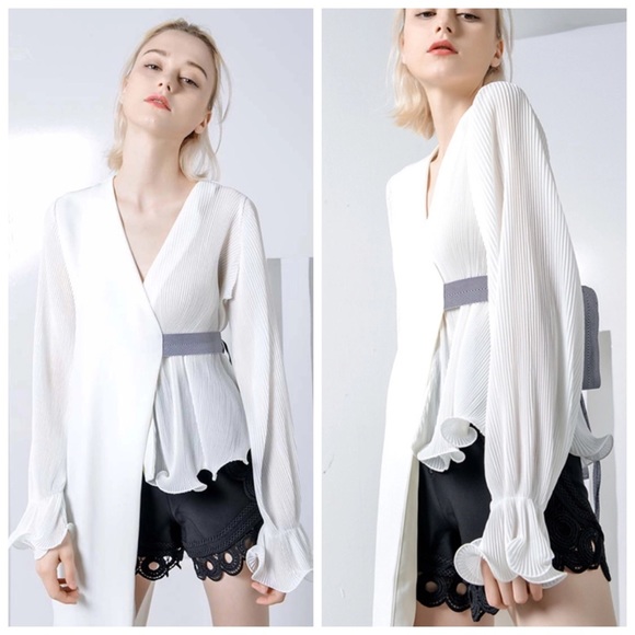 Black & White Pleated Asymmetrical Wrap Top - Picture 2 of 8